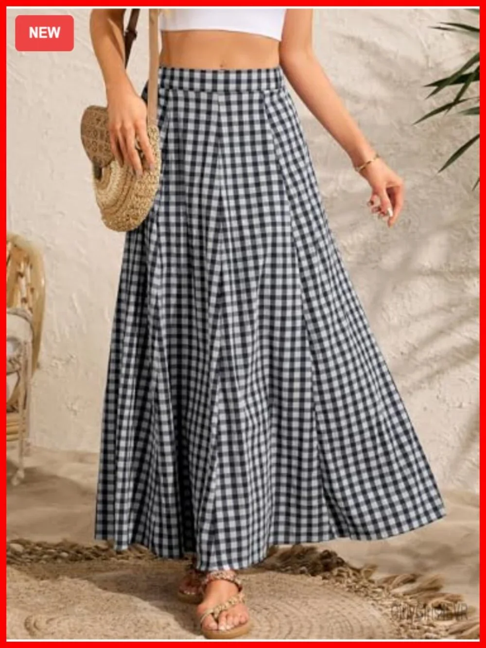 Womens Plaid Gingham Maxi Skirt with Pockets High Waist A Line Flared Long